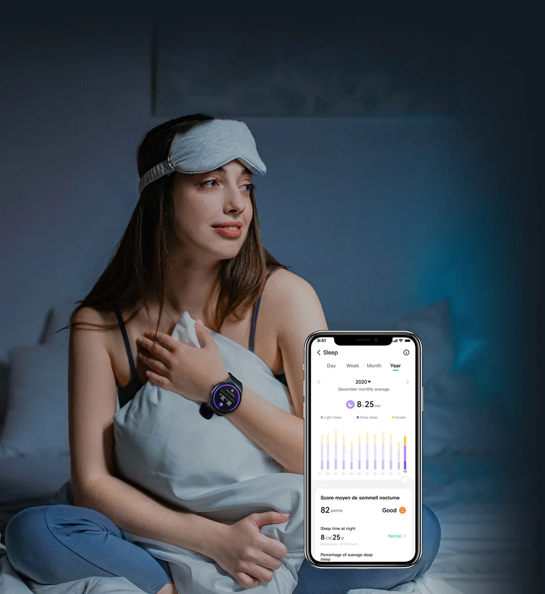 Haylou Solar Lite no pulso de uma mulher a adormecer