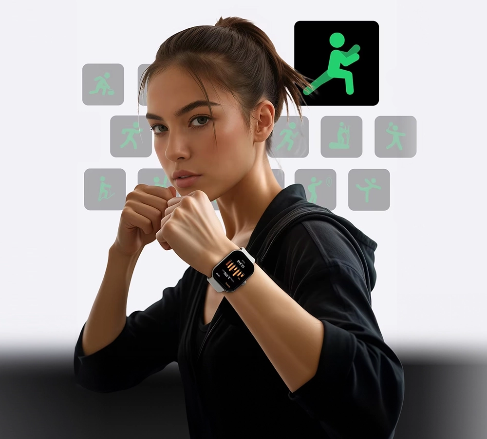 Mulher lutadora usa HAYLOU Watch S6 